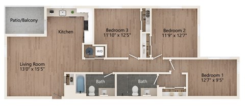 Floor plan for 3 beds, 2 baths, 1184 sqft